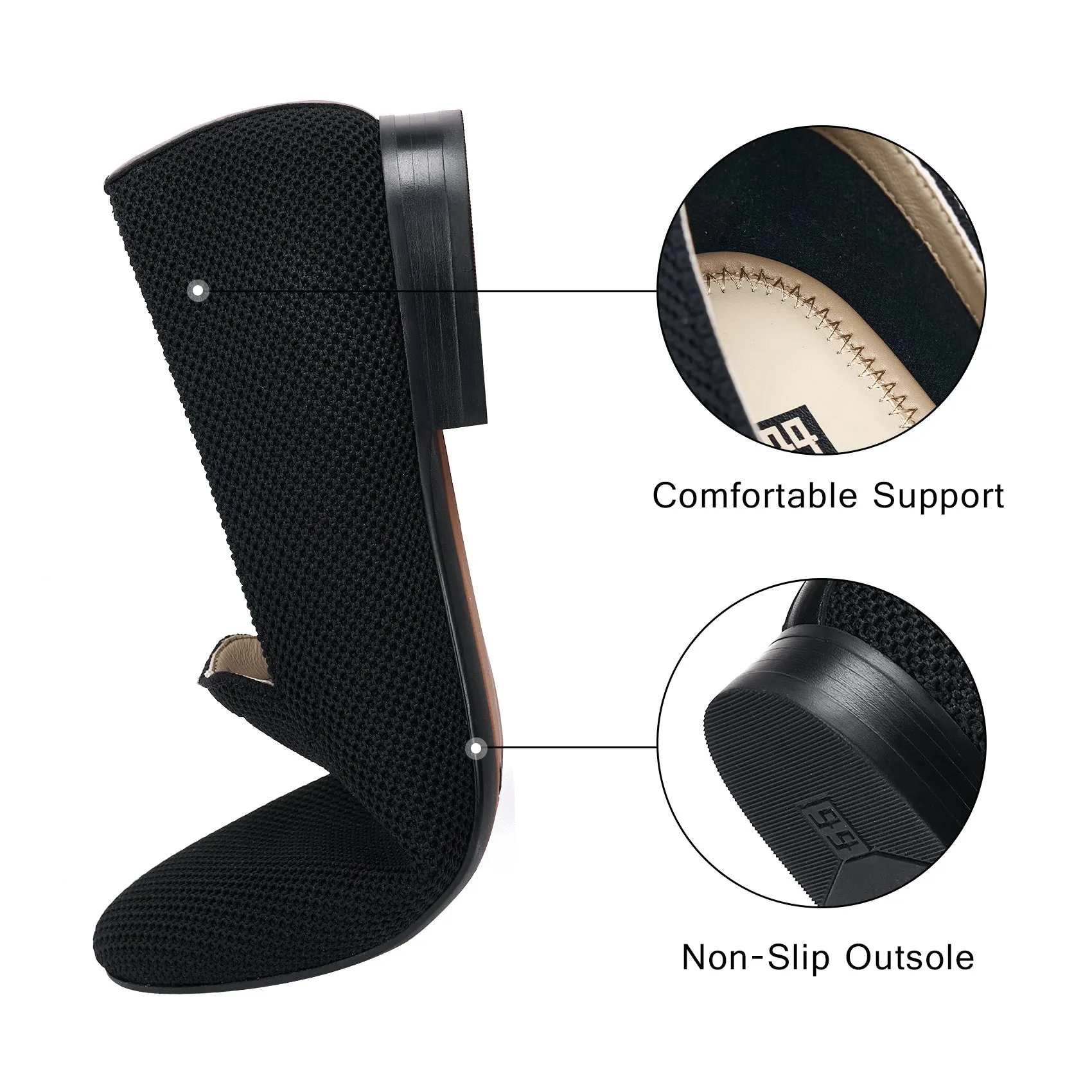AiciBerllucci - AINA-Black Knit &Calfskin Leather Upper&Cow Leather Lining-Aina- Women Knit Flat Shoes,Comfort Loafers Penny Moccasins-Slip-on Shoes- Knit Driving Loafers -Round Toe Walking Fashion