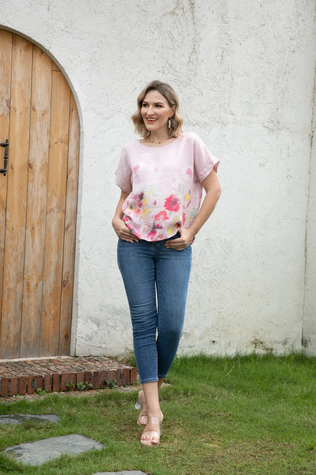 Angela Watercolour Blossom Linen Top