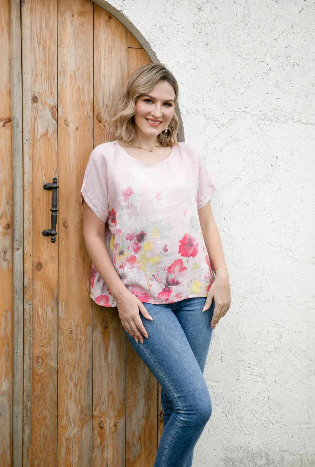 Angela Watercolour Blossom Linen Top