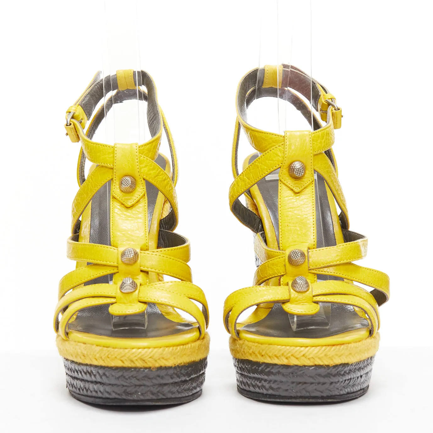 BALENCIAGA Vintage Arena yellow studded grey espadrille wedge heel EU38