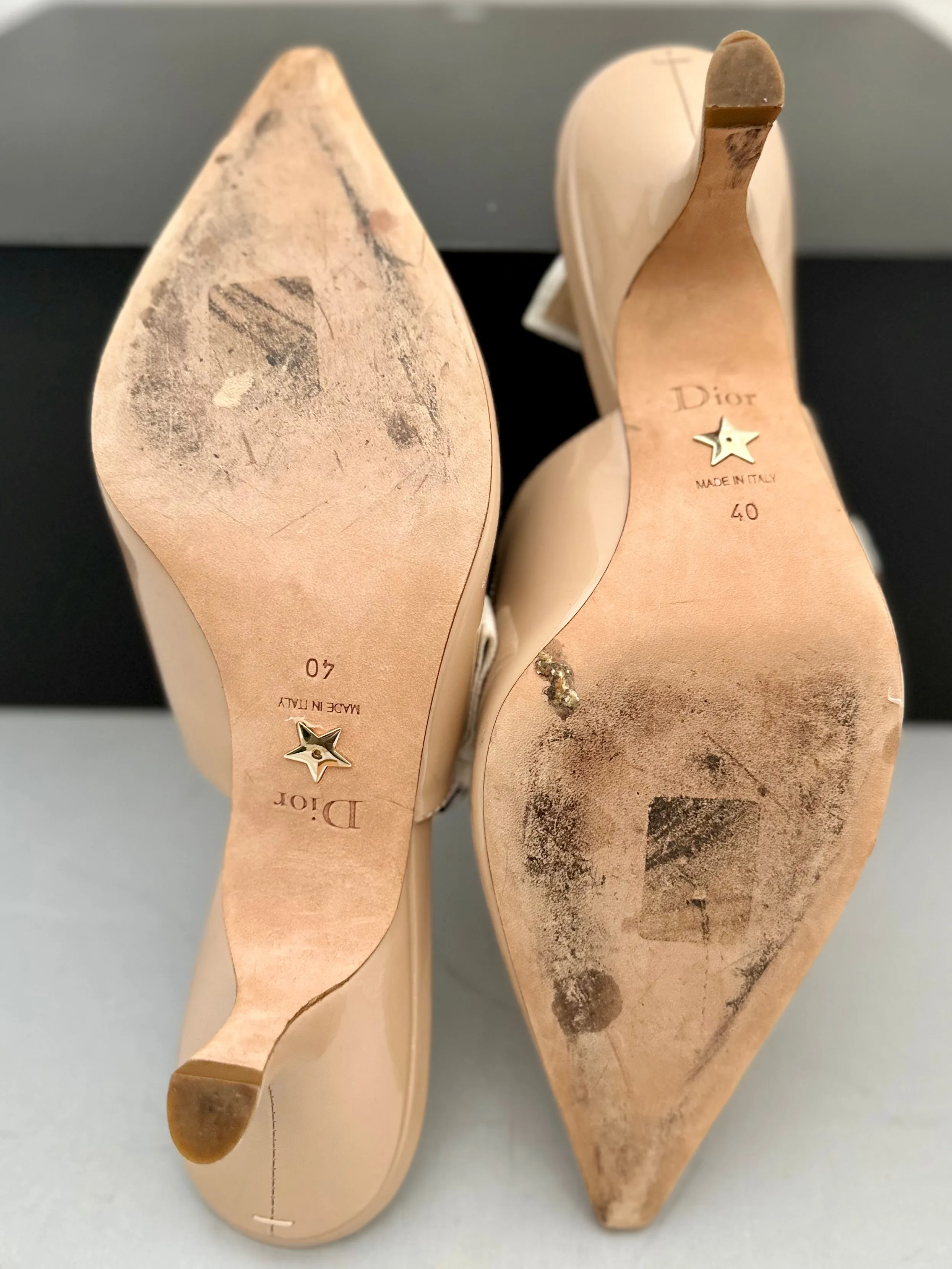 CHRISTIAN DIOR J'ADIOR BEIGE PATENT CALF & RIBBON KITTEN HEEL SLINGBACKS Size 40