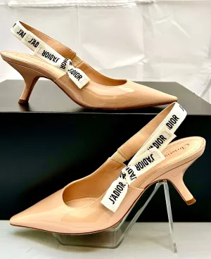 CHRISTIAN DIOR J'ADIOR BEIGE PATENT CALF & RIBBON KITTEN HEEL SLINGBACKS Size 40