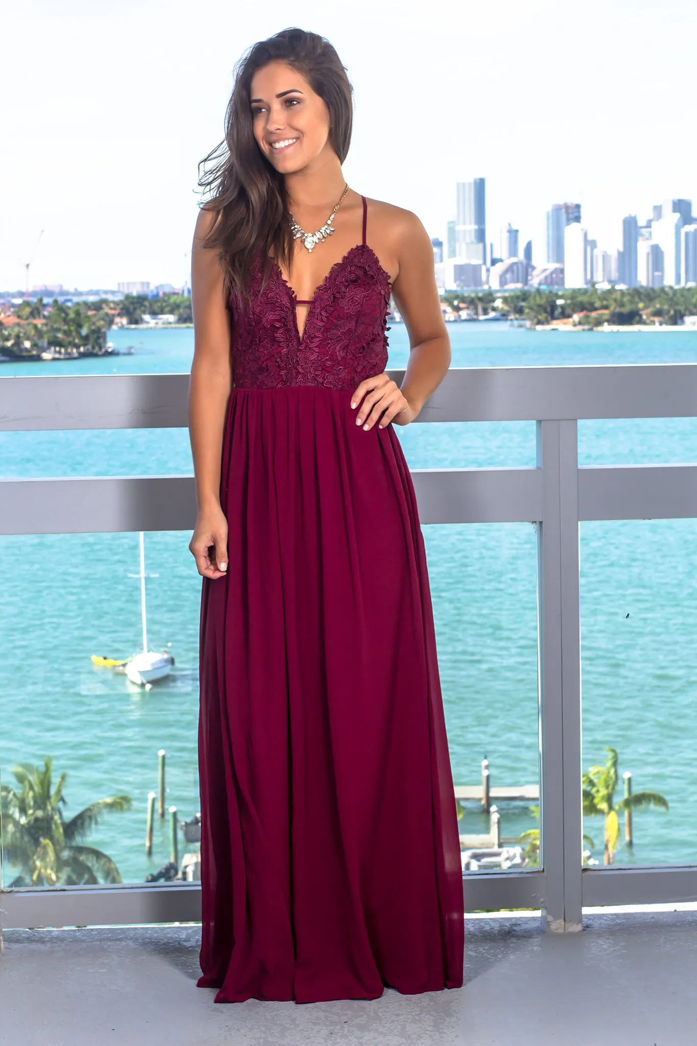 Deep Berry Maxi Dress Embroidered Top and Strappy Back