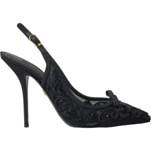 Dolce & Gabbana Black Tulle Ricamo Heels Slingbacks Shoes