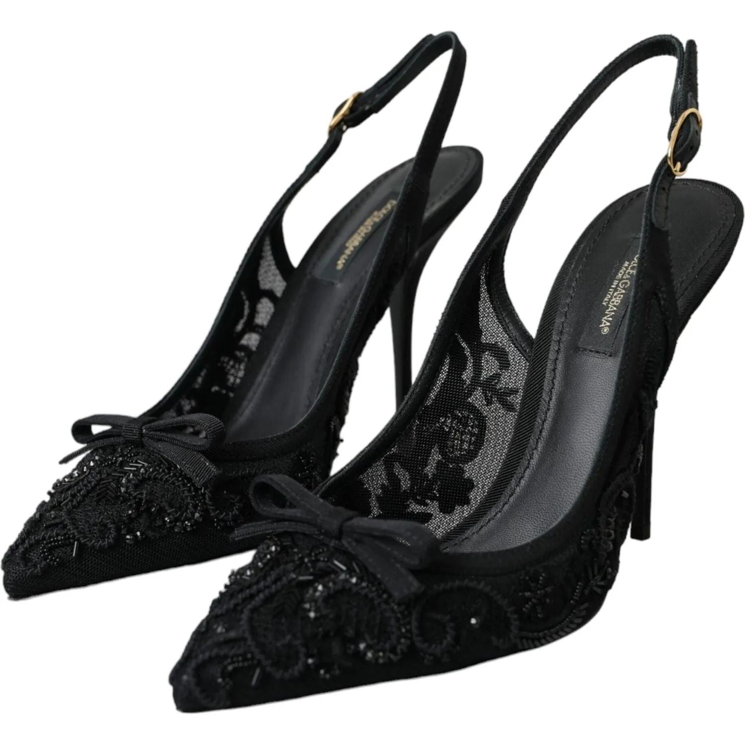 Dolce & Gabbana Black Tulle Ricamo Heels Slingbacks Shoes