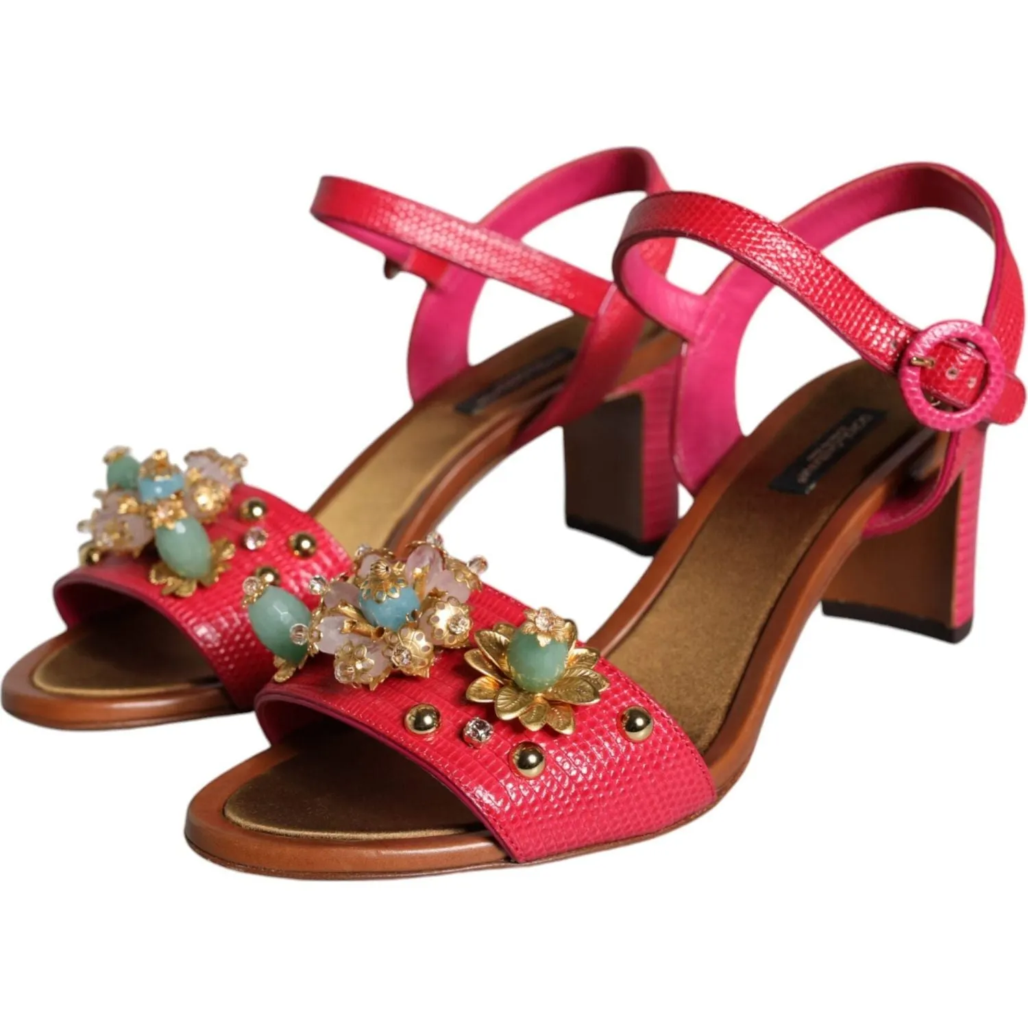 Dolce & Gabbana Fuchsia Leather Embellished Keira Sandals Shoes