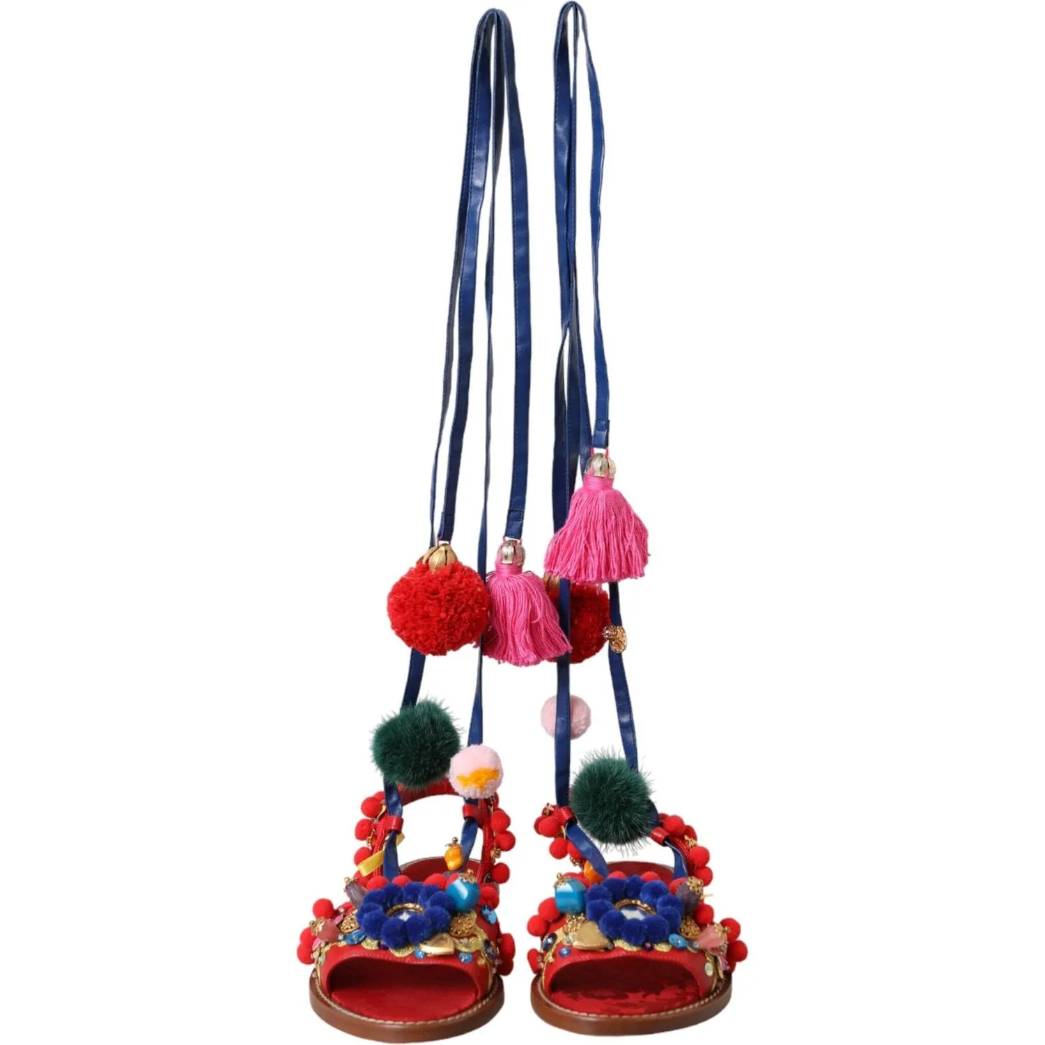 Dolce & Gabbana Multicolor Pom Pom Fur Wrap Sandals Shoes