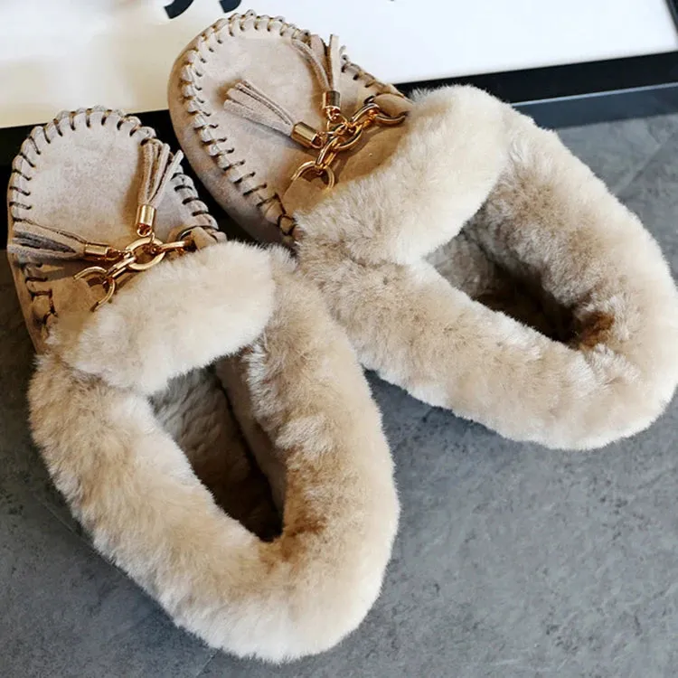Genuine Leather Women Flats Casual Plus Size Driving Moccasins Natural Fur Wool Women Loafers Fashion Comfortable Shoes Woman