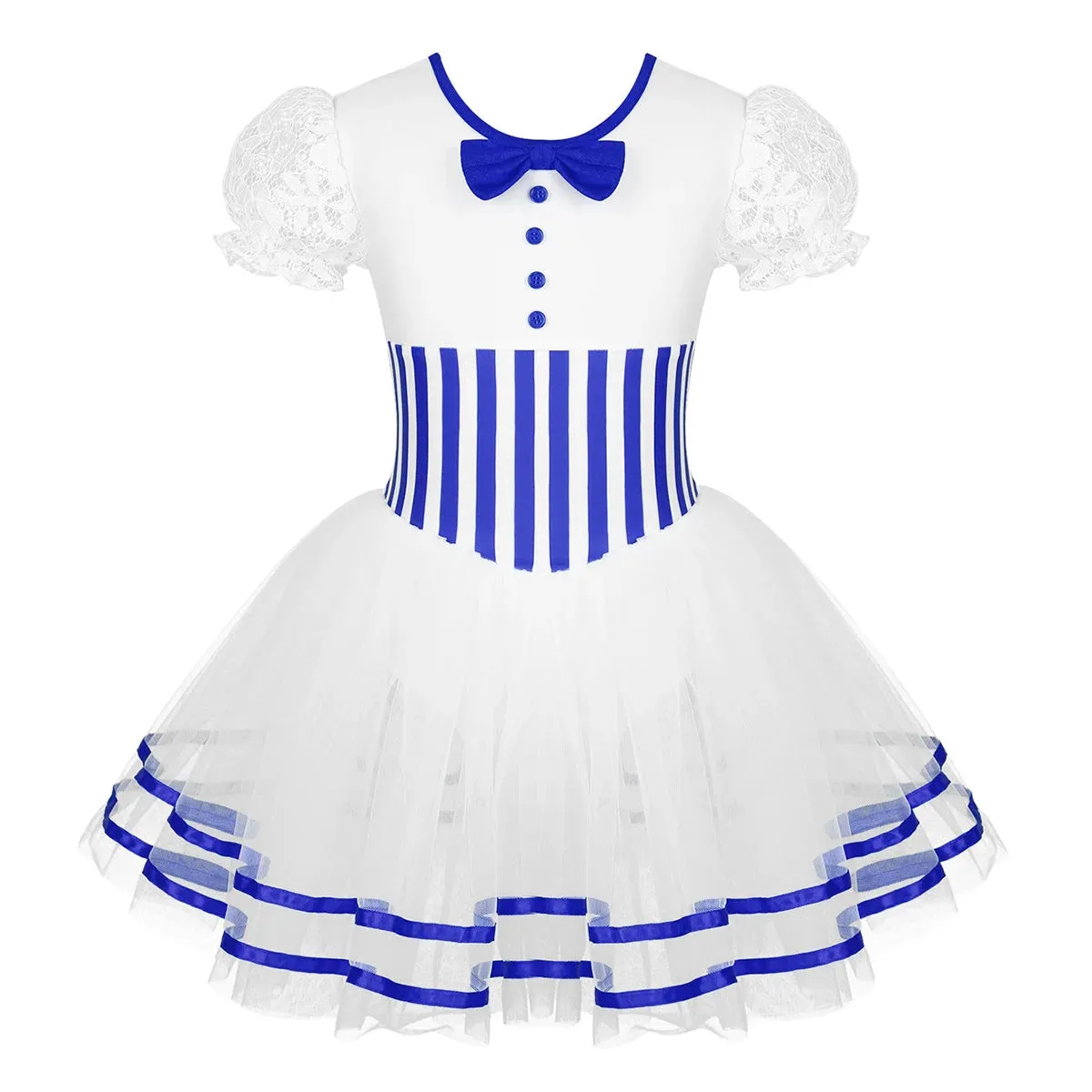 Girls Striped Leotard Mesh Tutu Ballet Performance Dance Costume