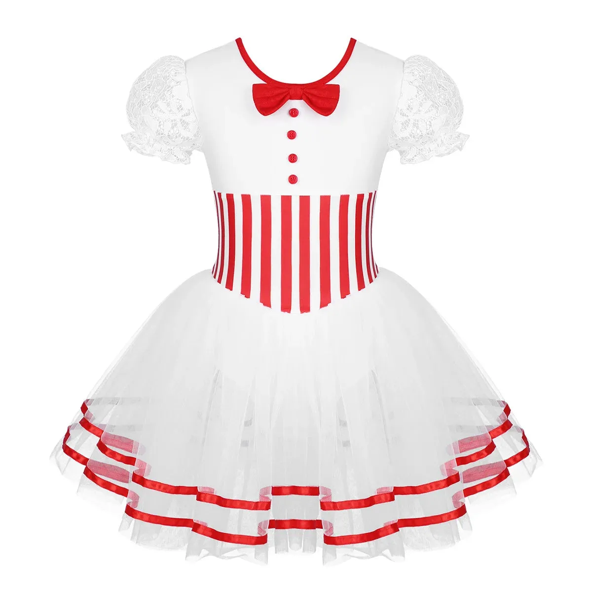 Girls Striped Leotard Mesh Tutu Ballet Performance Dance Costume