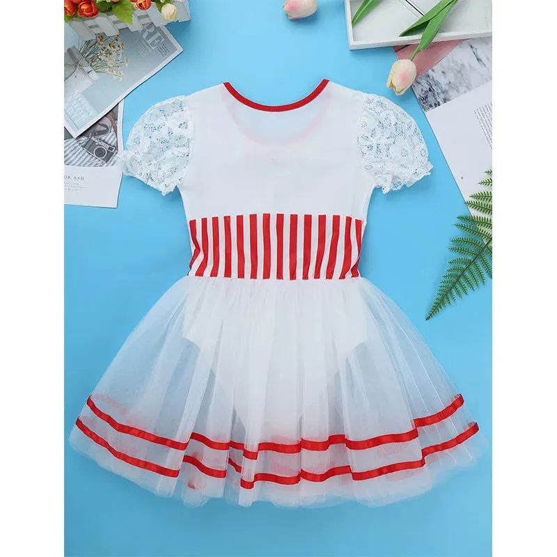 Girls Striped Leotard Mesh Tutu Ballet Performance Dance Costume