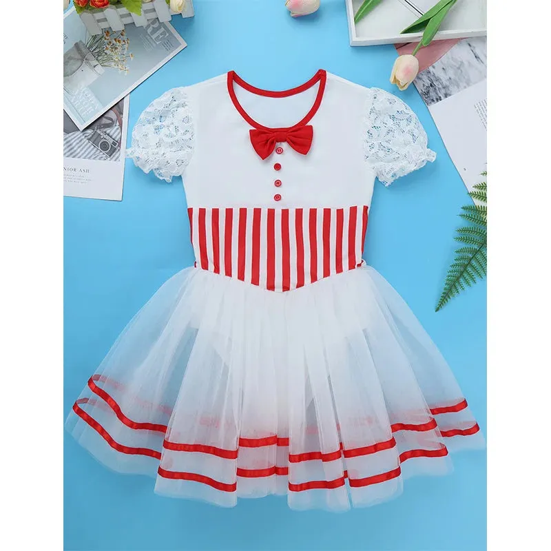 Girls Striped Leotard Mesh Tutu Ballet Performance Dance Costume