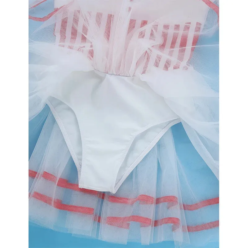 Girls Striped Leotard Mesh Tutu Ballet Performance Dance Costume