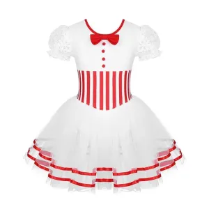 Girls Striped Leotard Mesh Tutu Ballet Performance Dance Costume