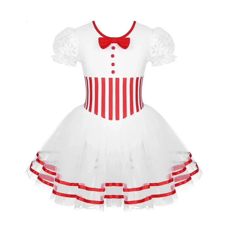 Girls Striped Leotard Mesh Tutu Ballet Performance Dance Costume