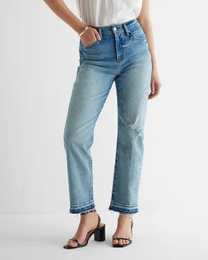 High Waisted Medium Wash Drop Hem Straight Ankle Jeans in Medium Wash