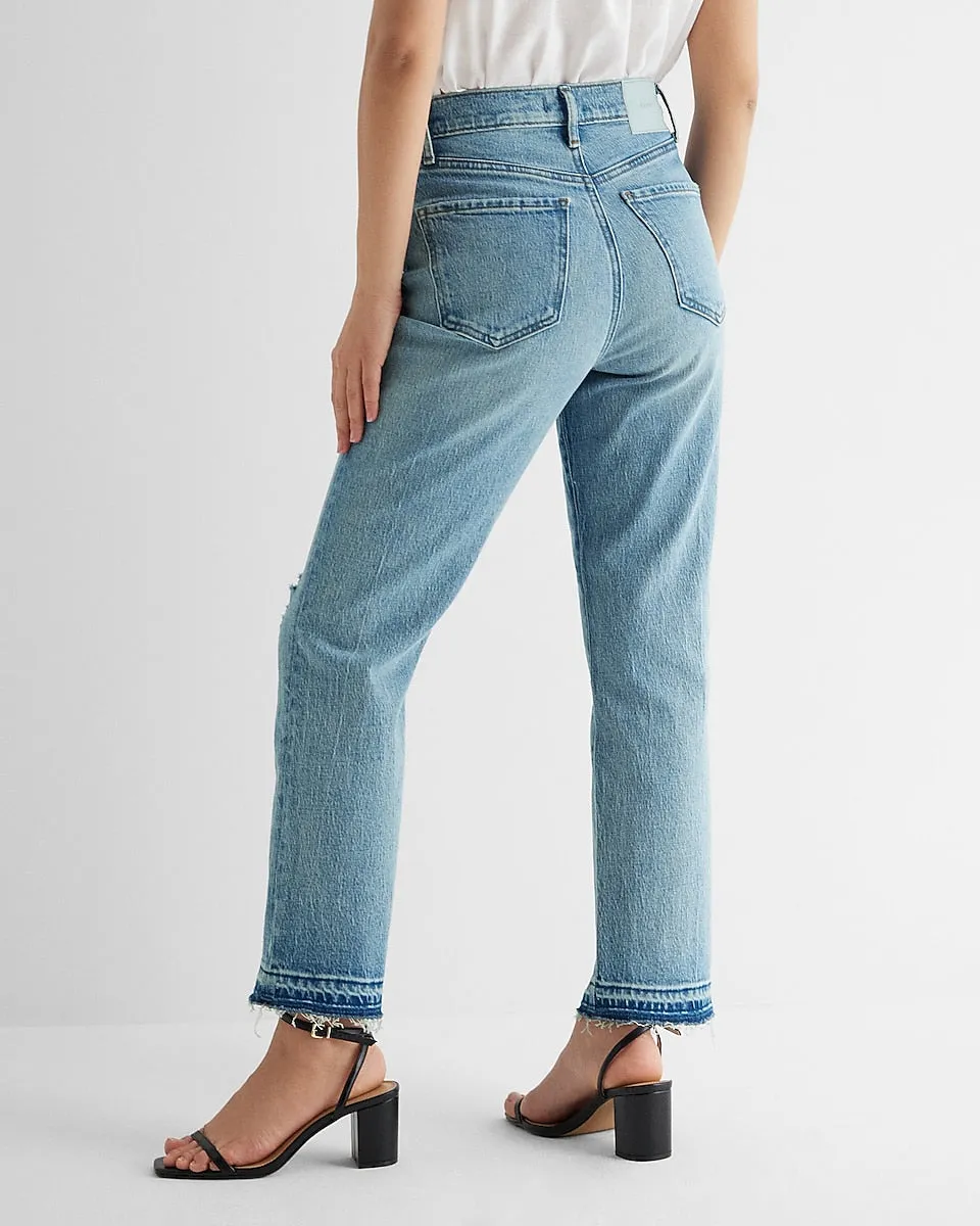 High Waisted Medium Wash Drop Hem Straight Ankle Jeans in Medium Wash