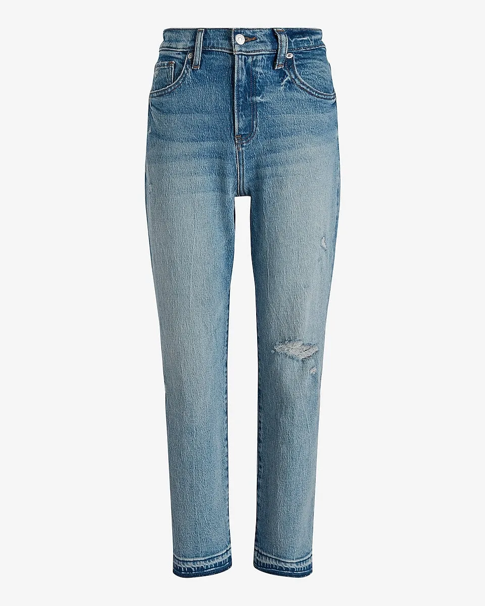 High Waisted Medium Wash Drop Hem Straight Ankle Jeans in Medium Wash
