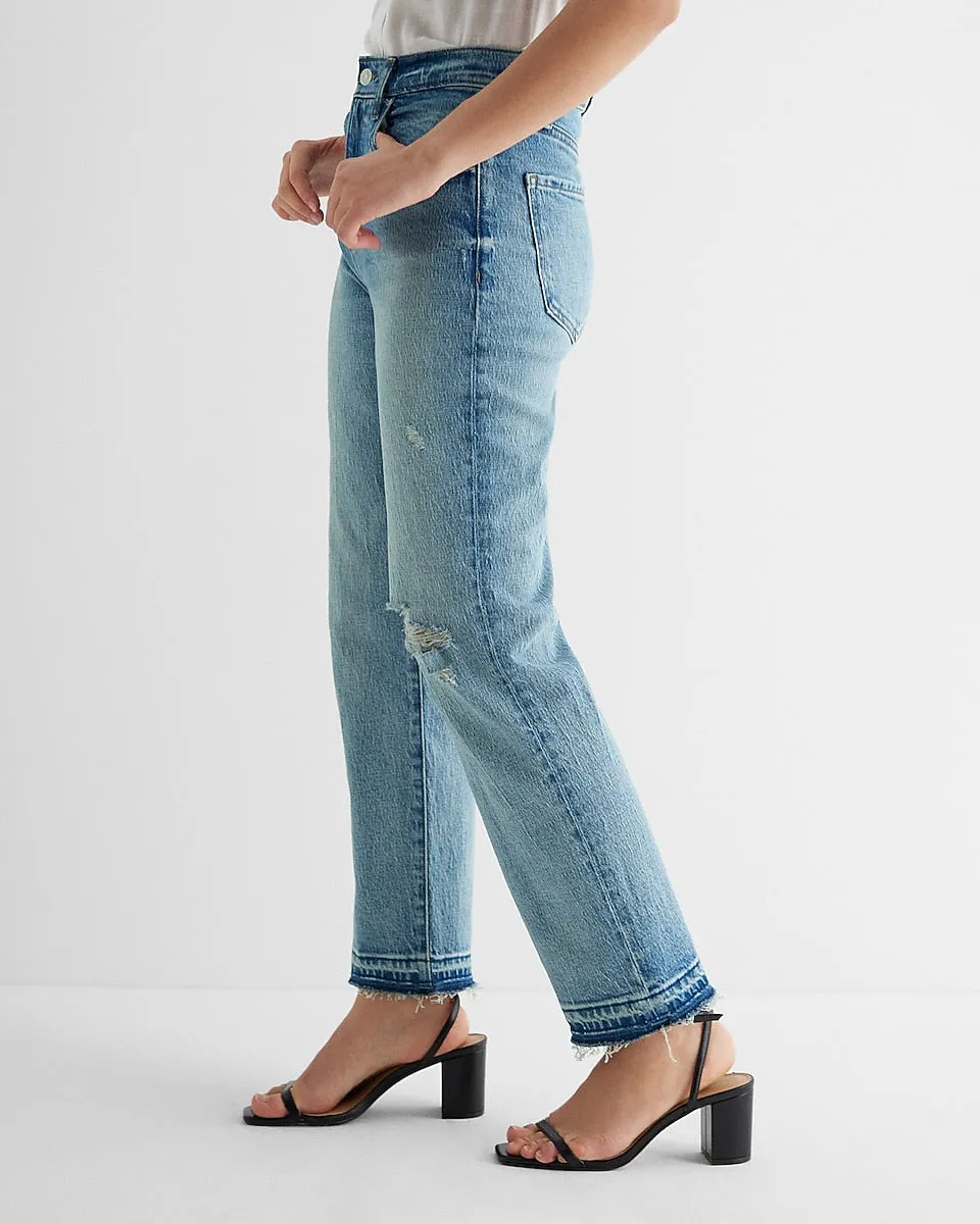 High Waisted Medium Wash Drop Hem Straight Ankle Jeans in Medium Wash