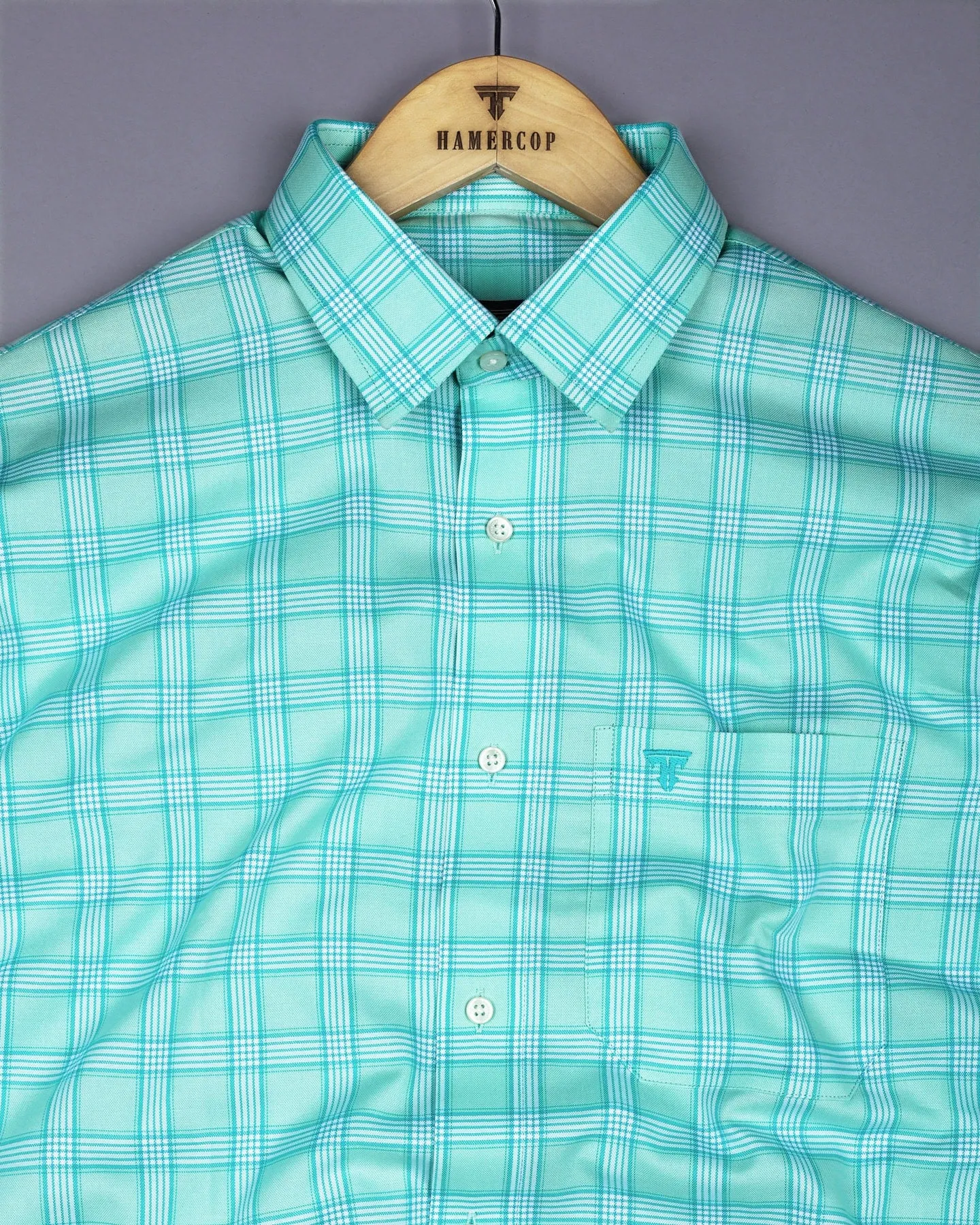 Izola Aqua Green With White Check Oxford Cotton Shirt