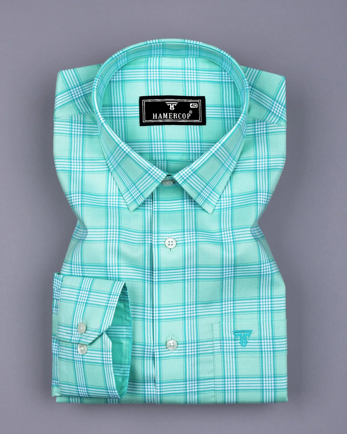 Izola Aqua Green With White Check Oxford Cotton Shirt