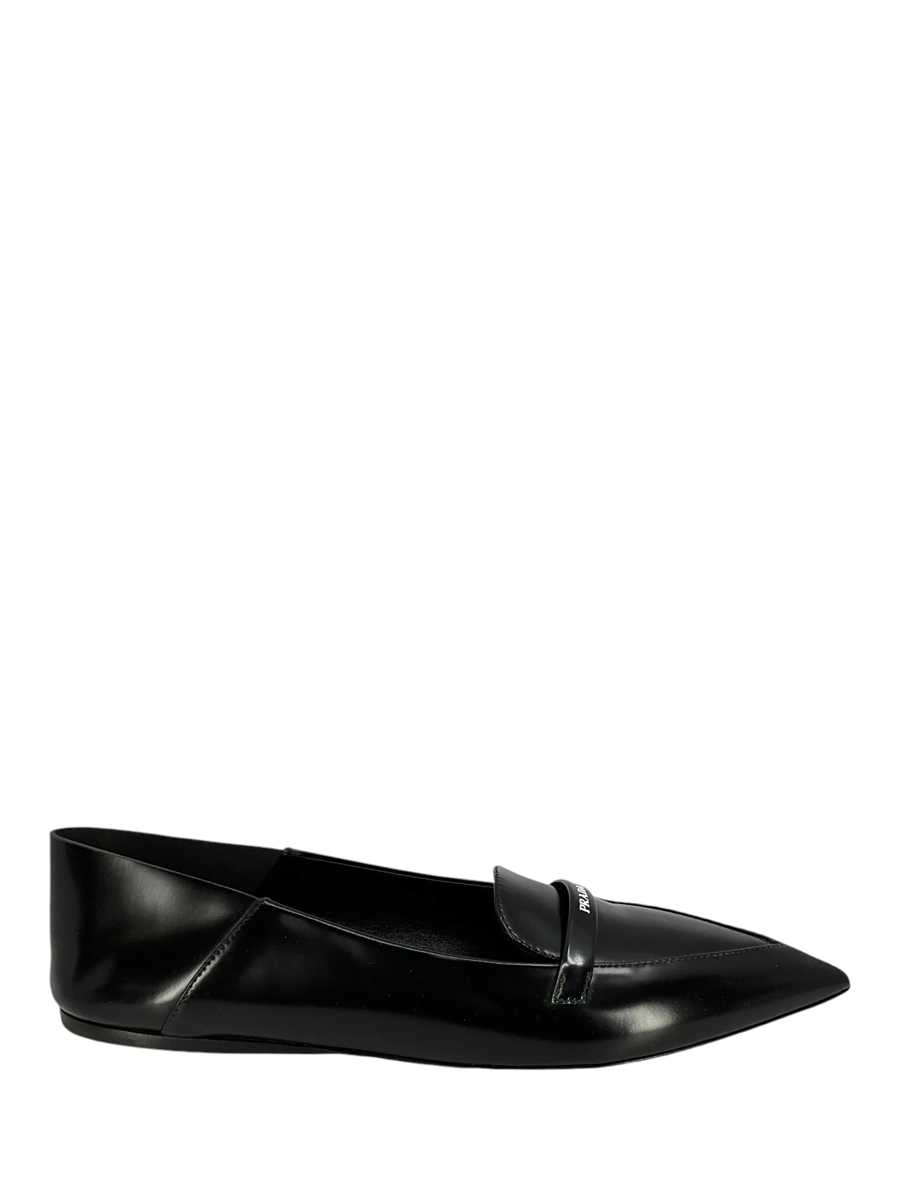 PRADA Leather Point Toe Logo Flats Size 9.5