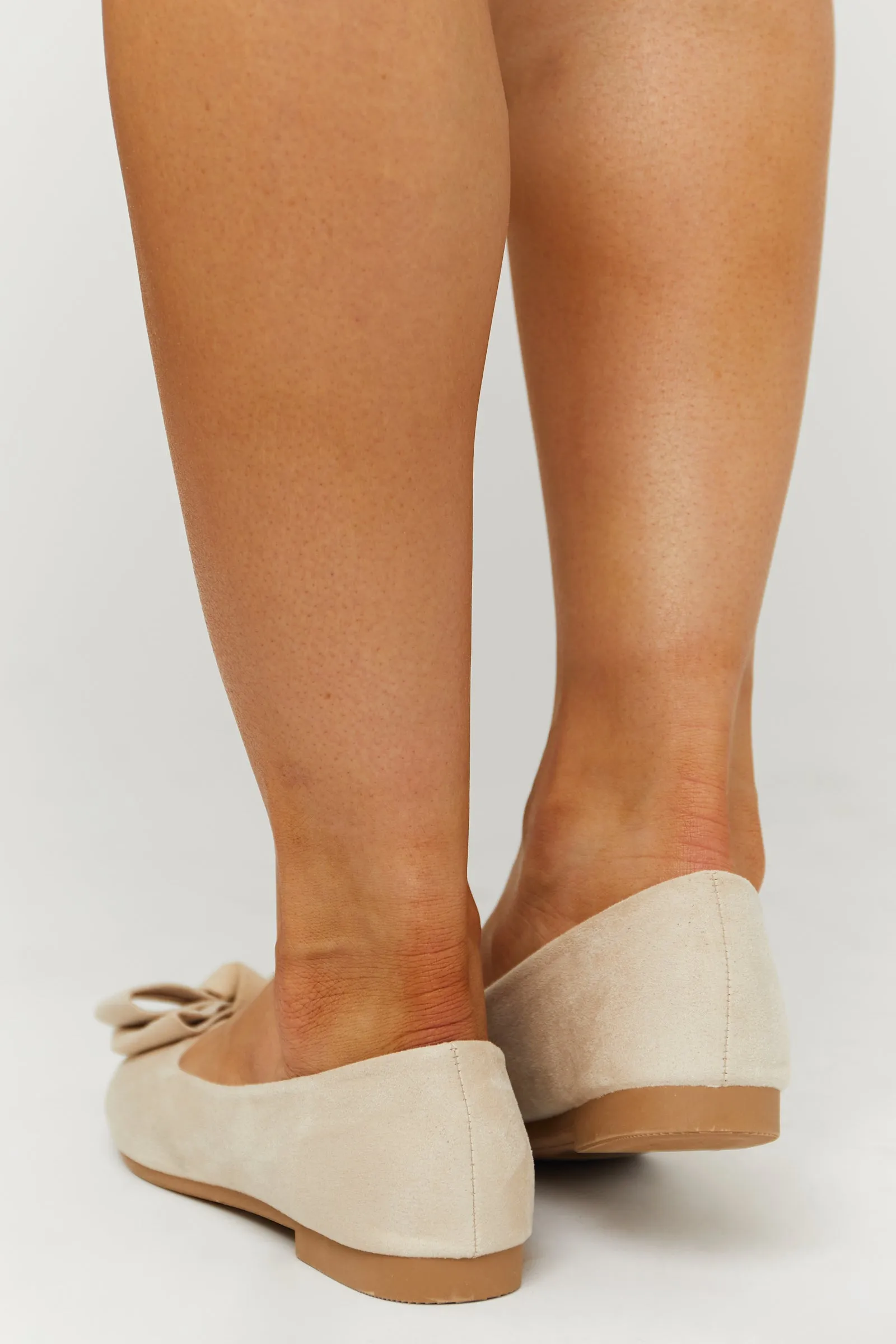Sand Faux Suede Pointed Toe Bow Detail Flats
