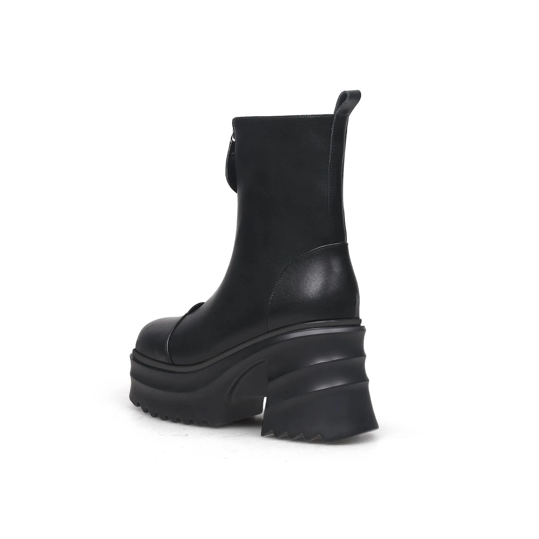 Side Zip Black Leather Platform Ankle Boots