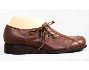 Size 7.5 Sneaker - Unworn Nice Quality 70s Brown Leather Sneakers - Deadstock 1970s Fall Shoes - Retro Asymmetric Lace Up - 7 1/2 to 8