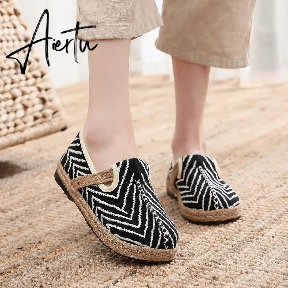 Veowalk Wave Embroidery Women Handmade Linen Cotton Flat Slip On Loafers Summer Spring Comfortable Vegan Casual Sneakers Shoes