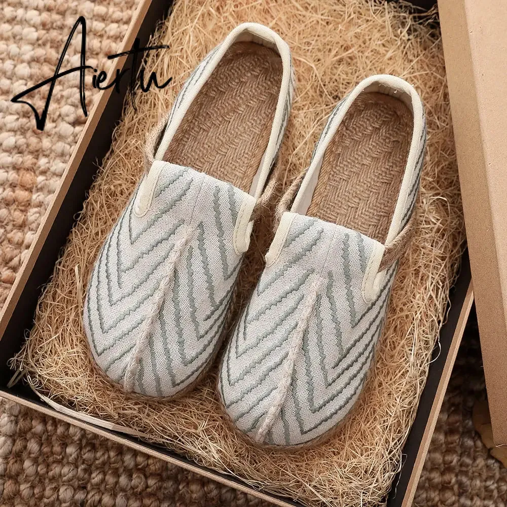 Veowalk Wave Embroidery Women Handmade Linen Cotton Flat Slip On Loafers Summer Spring Comfortable Vegan Casual Sneakers Shoes