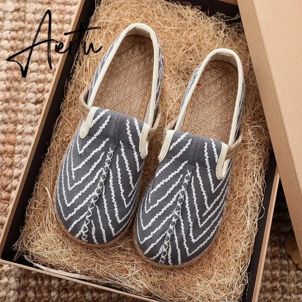Veowalk Wave Embroidery Women Handmade Linen Cotton Flat Slip On Loafers Summer Spring Comfortable Vegan Casual Sneakers Shoes