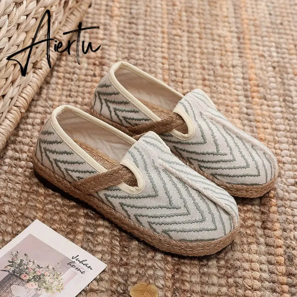 Veowalk Wave Embroidery Women Handmade Linen Cotton Flat Slip On Loafers Summer Spring Comfortable Vegan Casual Sneakers Shoes