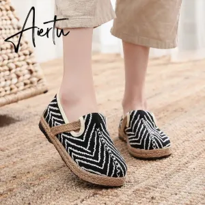 Veowalk Wave Embroidery Women Handmade Linen Cotton Flat Slip On Loafers Summer Spring Comfortable Vegan Casual Sneakers Shoes