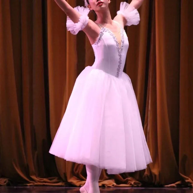 White Ballet Dress Long Tutu Professional Fairy  Costume