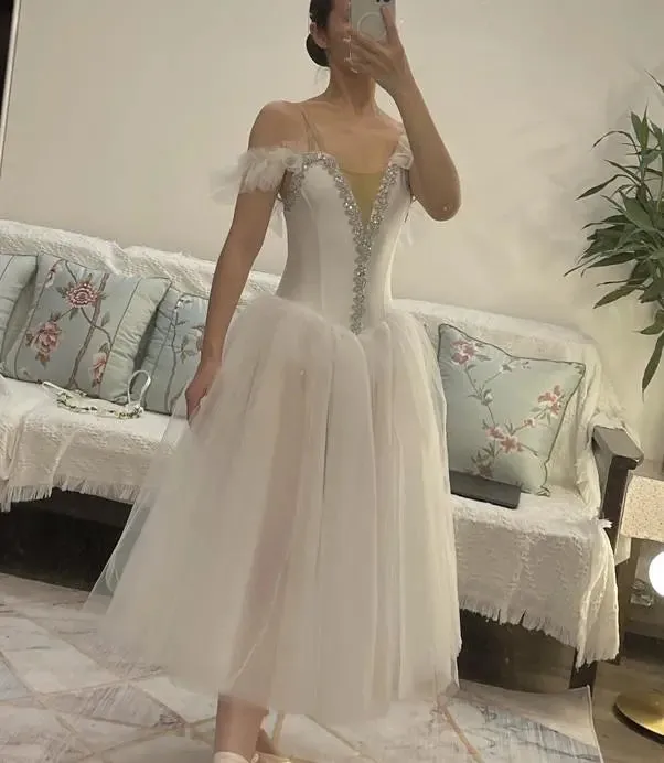 White Ballet Dress Long Tutu Professional Fairy  Costume
