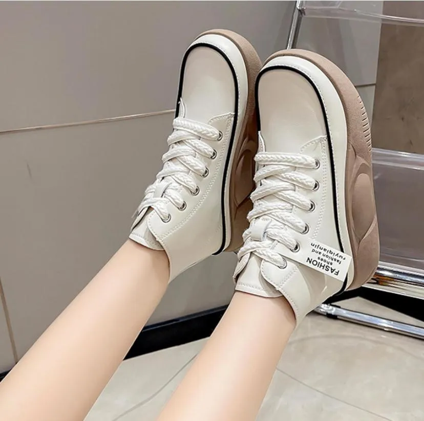 Women's Leather Lace Up Thick Flat Bottom Ankle Boots 29879