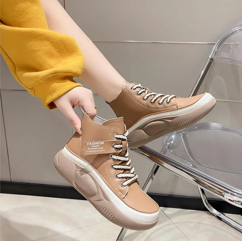 Women's Leather Lace Up Thick Flat Bottom Ankle Boots 29879