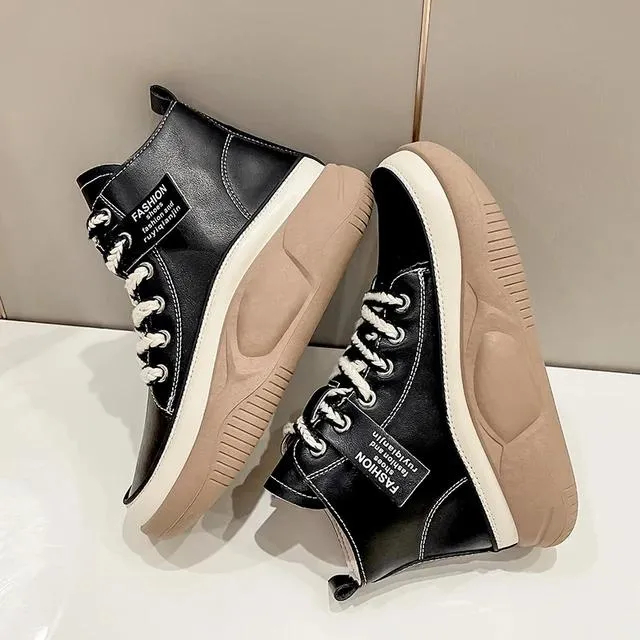 Women's Leather Lace Up Thick Flat Bottom Ankle Boots 29879