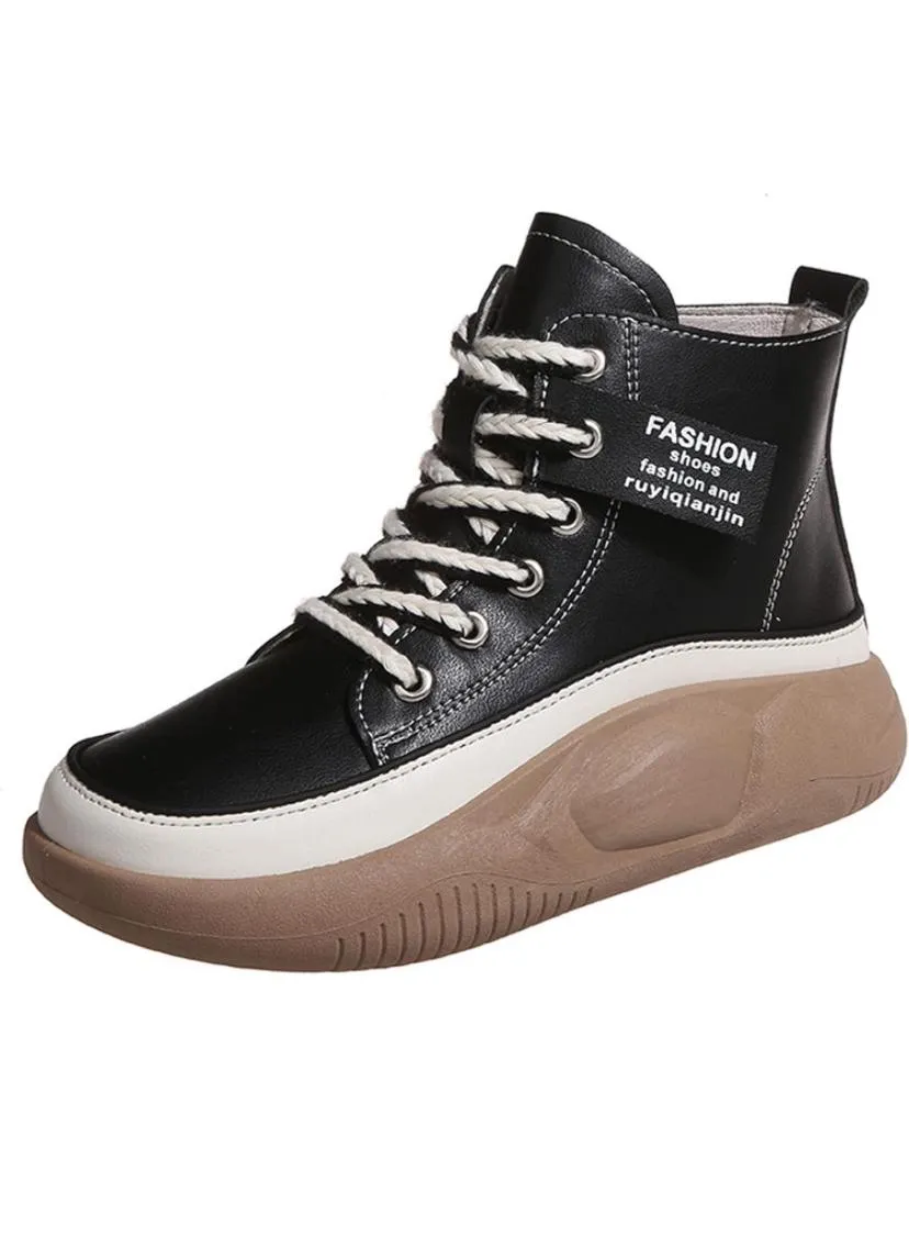 Women's Leather Lace Up Thick Flat Bottom Ankle Boots 29879