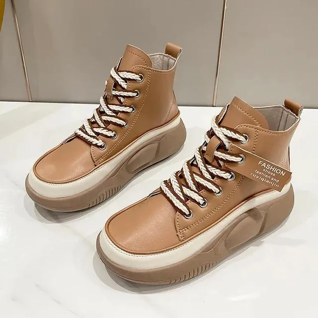 Women's Leather Lace Up Thick Flat Bottom Ankle Boots 29879