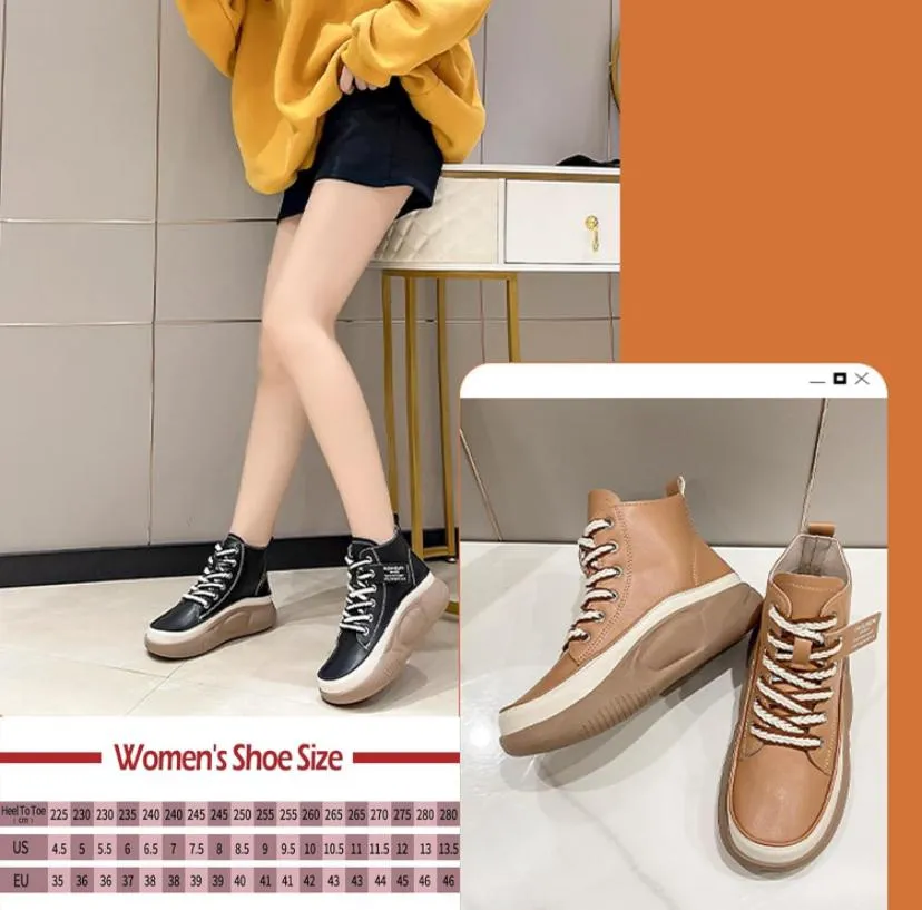Women's Leather Lace Up Thick Flat Bottom Ankle Boots 29879